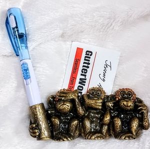 Three Monkeys Brass Crystal Business Card Pen Holder Hear, See, Say No Evil